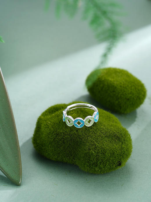 子佩集【赢财生福】S990银戒指【MXJZ027】花丝珐琅彩五连环钱币2510 商品图3