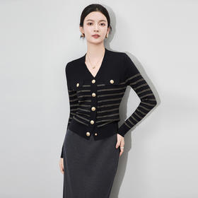 「高货wl」全新升级【铂金会员220/天猫299/差价79】(52529)洛诗琳气质小香风针织衫2025秋冬金线曲珠条纹开衫外套女