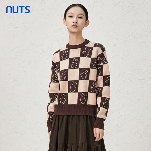 NUTS商场同款秋冬款设计感圆领格子百搭套头内搭针织衫女344052111 商品图0