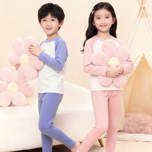 69元2套【轻梵 男女童保暖套装】双面磨毛A类标准 100-160码秋衣秋裤 无骨套装加绒 男女童保暖内衣 中大童打底衫！ ZXT 商品图0