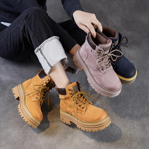 工装马丁靴真皮厚底增高，复古高帮机车系带大黄短靴ZM258668 商品图0