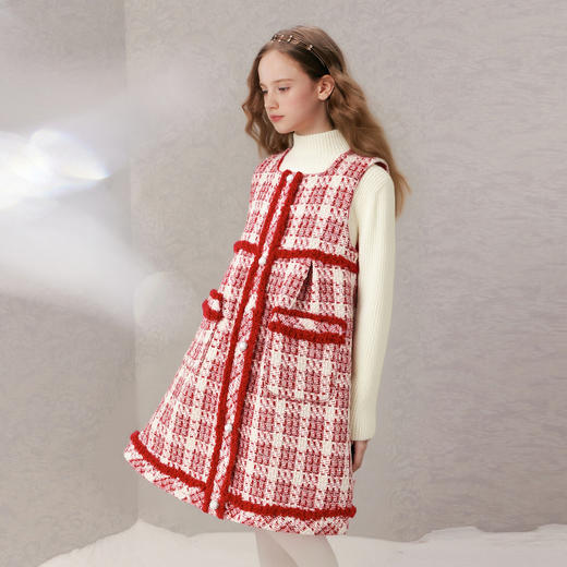 笛莎Deesha 童装女童连衣裙2025冬新款小香风珍珠纽扣精致优雅背心连衣裙 商品图0