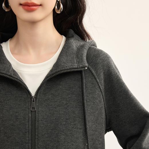 【10/15新品】熙世界轻运动灰色卫衣套装女士秋冬加绒连帽拉链开衫休闲裤两件套 商品图3