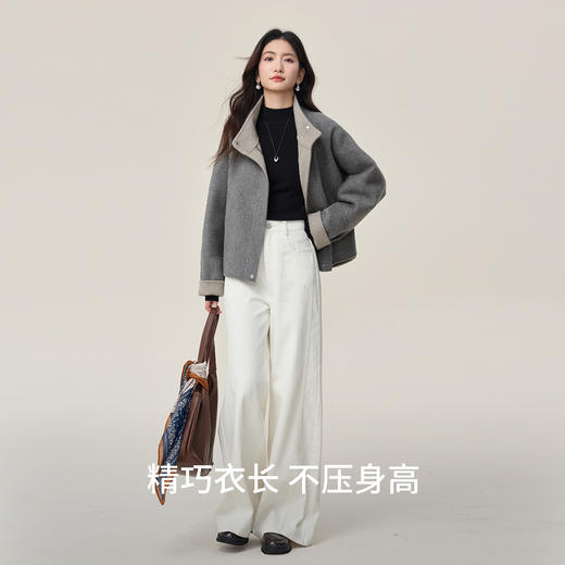 【10/15新品】熙世界髙克重800g100.%羊毛双面呢大衣女秋冬挡风立领毛呢短外套 商品图2