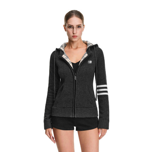 FDR官方店 修身连帽长袖格子拉链开衫针织毛衣外套女秋季新品卫衣 商品图0