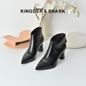经典鲨2025年冬季新款牛皮革优雅尖头气质高粗跟时装短靴女KC00-558051