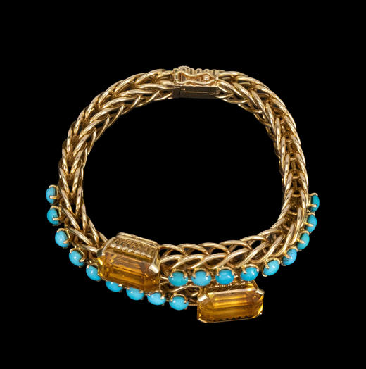 独角鹿西洋古董1950年代法国出品环扣造型18K黄金镶嵌绿松石及黄水晶手镯 商品图4