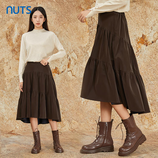 NUTS商场同款秋冬季复古高腰A字显瘦百搭长款半身褶裙女344061092 商品图1