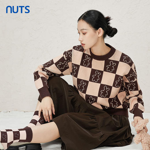 NUTS商场同款秋冬款设计感圆领格子百搭套头内搭针织衫女344052111 商品图3