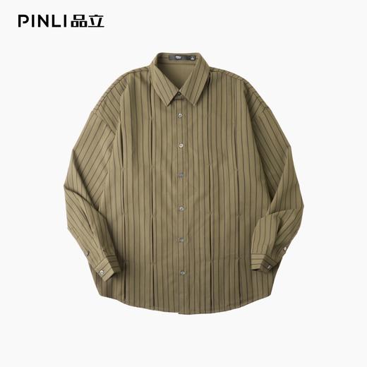 PINLI品立春季新款复古条纹捏褶衬衫潮牌休闲宽松长袖男衬衣B253113024 商品图3