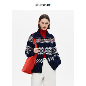 SELFWHO绵羊毛混纺费尔岛翻领毛衣女2025冬季新款几何提花针织衫