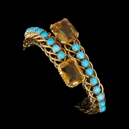 独角鹿西洋古董1950年代法国出品环扣造型18K黄金镶嵌绿松石及黄水晶手镯 商品图1