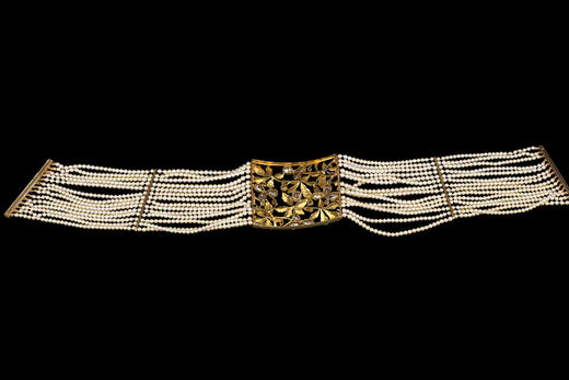 独角鹿西洋古董20世纪法国出品新艺术风格18K黄金嵌花叶造型空窗珐琅钻石红宝石及祖母绿装饰多股天然海水珍珠项链 商品图6