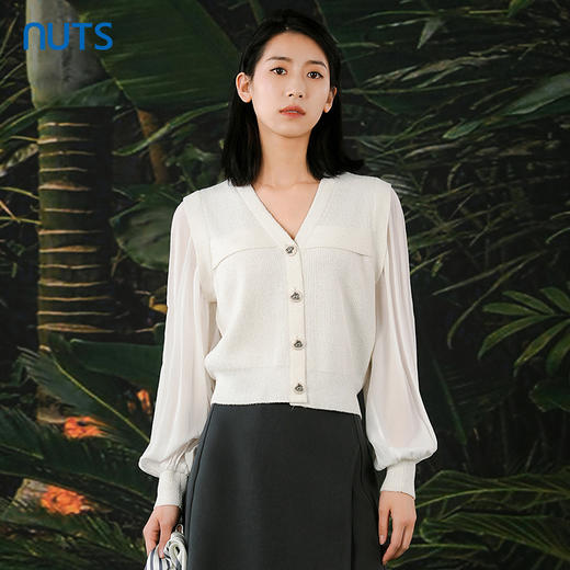 NUTS春秋新款白色V领气质百搭直筒短款针织开衫外套女412052099 商品图0