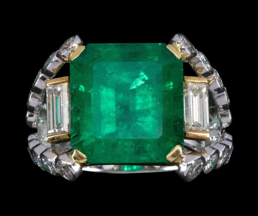 独角鹿西洋古董1990年代法国出品装饰艺术风格几何造型18K黄金铂金镶嵌哥伦比亚祖母绿及钻石戒指 商品图1