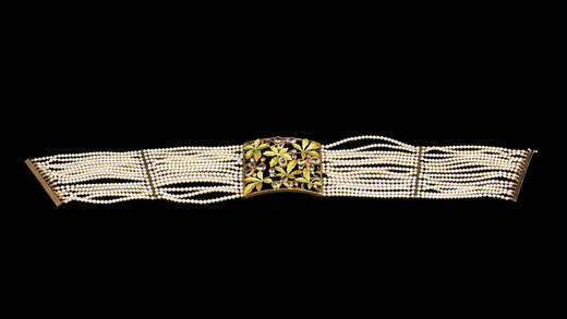 独角鹿西洋古董20世纪法国出品新艺术风格18K黄金嵌花叶造型空窗珐琅钻石红宝石及祖母绿装饰多股天然海水珍珠项链 商品图5