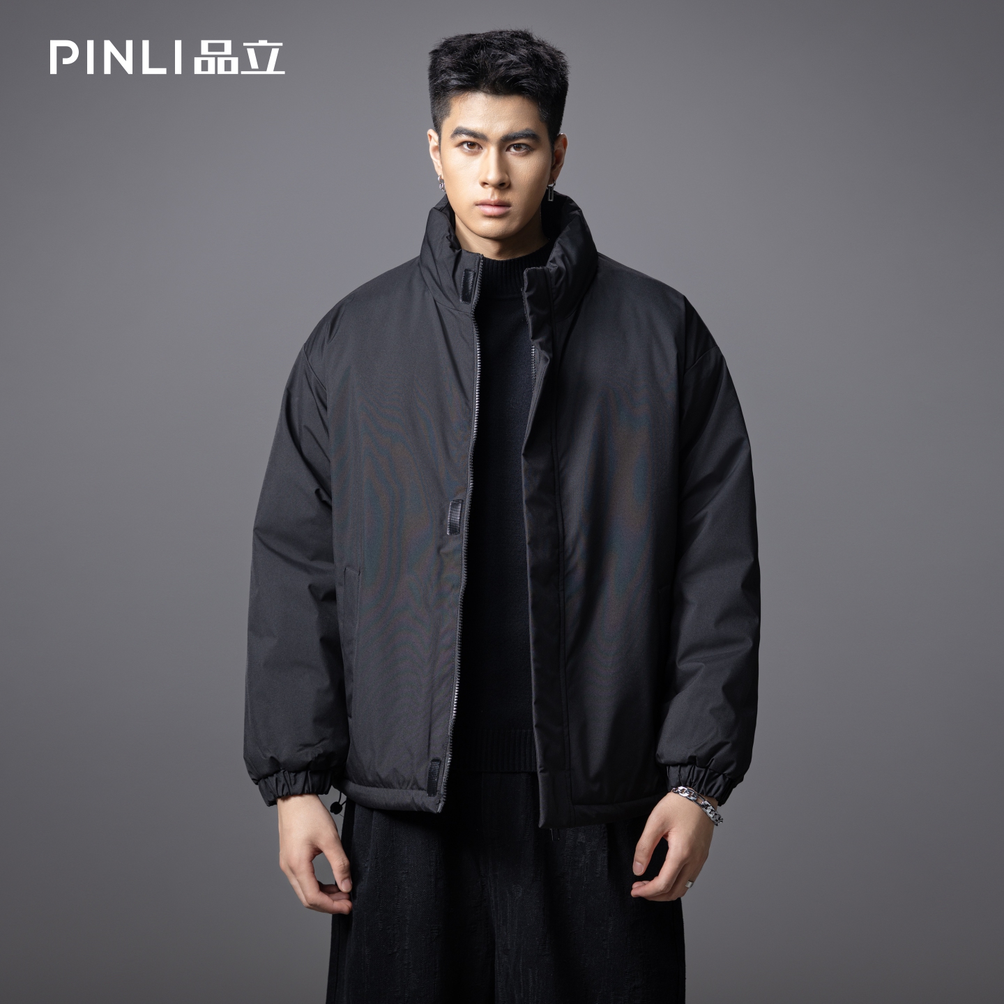 PINLI品立2025秋冬新款宽松立领短款棉衣男纯色潮牌百搭棉服外套GD253105099