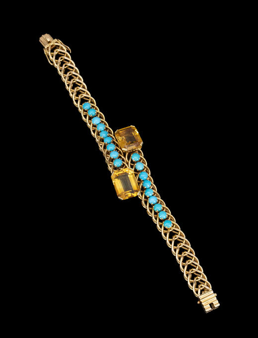 独角鹿西洋古董1950年代法国出品环扣造型18K黄金镶嵌绿松石及黄水晶手镯 商品图5