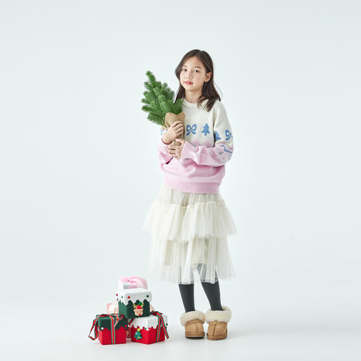 棵初2025年冬季新款亲子中大女童费尔岛几何花纹毛衣纯绵羊毛上衣 商品图1