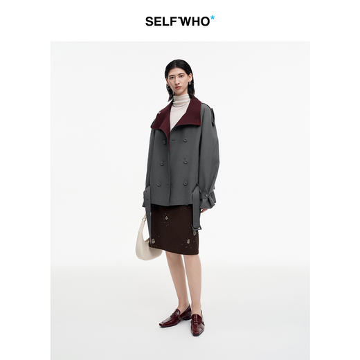 SELFWHO棉混纺灰色双排扣风衣外套女2025秋新款配腰带高立领上衣 商品图3