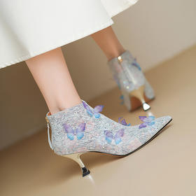 【预售5天】大码法式时尚真皮高跟鞋女细跟新款水钻蝴蝶女短靴春秋单靴ALS&2573