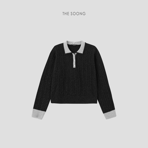 THESOONG"惬意松弛"纯羊毛绞花针织细腻糯感撞色翻领毛衣HWMY7201 商品图2