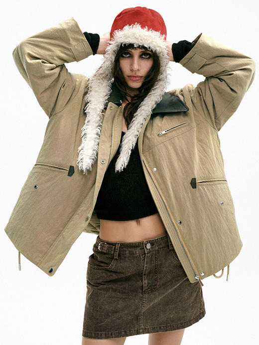 TR她热 落日巡航 红色毛毛拼接系带设计感两面保暖飞行员帽 商品图1