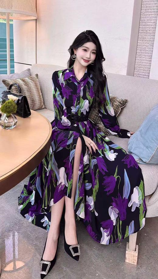 SZ3S79_凝夜紫色_连衣裙_春秋_翻领长袖单排扣腰带收腰A字中长款_高级女装_BERNIEELEN 伯妮斯茵 商品图4