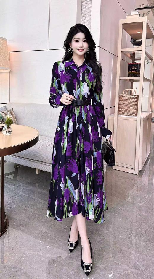 SZ3S79_凝夜紫色_连衣裙_春秋_翻领长袖单排扣腰带收腰A字中长款_高级女装_BERNIEELEN 伯妮斯茵 商品图1