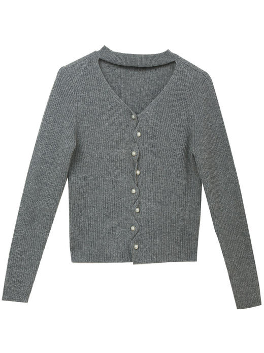 秋冬季新款灰色 V 领针织开衫女珍珠扣设计感小众修身显瘦短款毛衣外套 商品图1