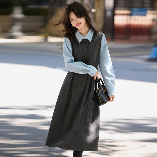 【10/15新品】熙世界「格雷腔调」假两件毛呢连衣裙女秋冬新款衬衫翻领收腰裙子 商品图4