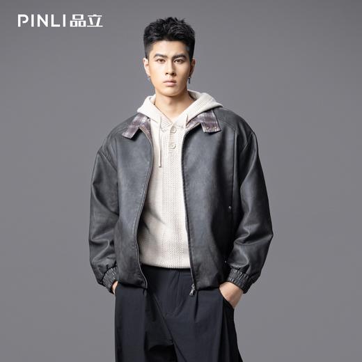 PINLI品立2025秋季新款男宽松落肩高街复古机车风PU皮衣茄克外套GD253104095 商品图3