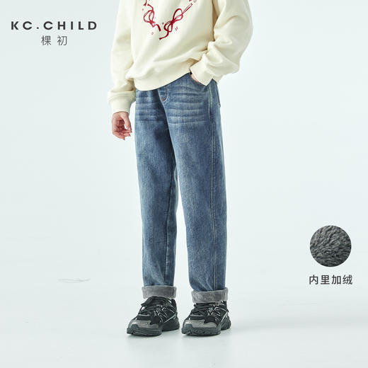 棵初2025年冬季新款亲子中大女童加绒牛仔裤经典复古蓝弹力小脚裤 商品图0