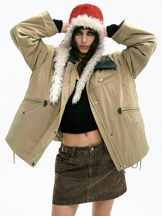 TR她热 城野漫游 卡其色可拆卸毛领复古棉服保暖派克大衣外套 商品图2