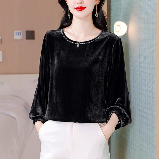 XMZ1220高端丝绒上衣女士长袖2025新款秋冬宽松打底妈妈洋气高贵小衫大码 商品图3