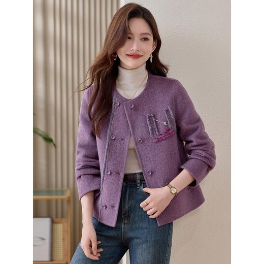 紫色双面呢羊毛大衣，气质名媛小香风毛呢外套HR-ZYQ25236 商品图3