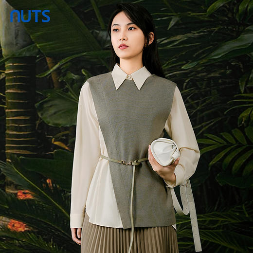 NUTS春秋季新款设计感小众收腰显瘦针织拼接衬衫女411011079 商品图0