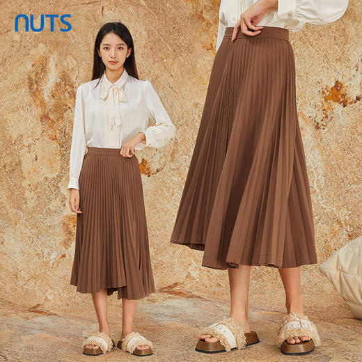 NUTS商场同款复古气质百搭高腰松紧不规则百褶半身长裙女341061105 商品图4