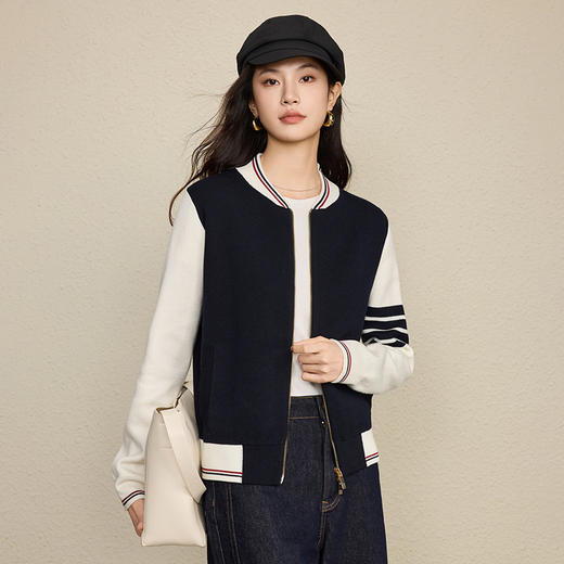 「自」全新升级【铂金会员367/天猫489/差价122】(64507)洛诗琳英伦气质学院风棒球服2025秋冬羊毛撞色加厚针织外套 商品图3