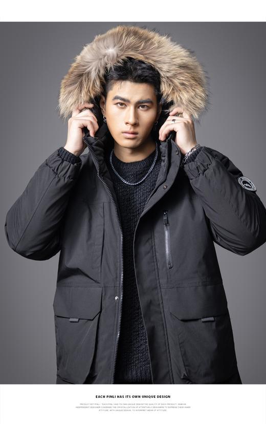 PINLI品立2025冬季新款潮牌户外连帽羽绒服可拆毛领中长款男外套GD253108102 商品图6