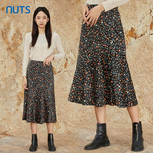 NUTS商场同款秋冬复古气质高腰松紧百搭碎花长款半身裙女348062306 商品图3