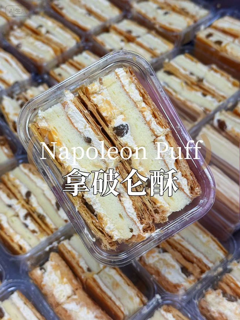 【拿破仑酥】 白脱奶油配料表：安佳黄油、鸡蛋、淡奶油、海藻糖、海盐、黄油酥皮
温馨提示：此款产品黄油与鸡蛋含量较高，经打发后入口会带有一丝类似榴莲的风味，大家可根据个人口味喜好选购哦～