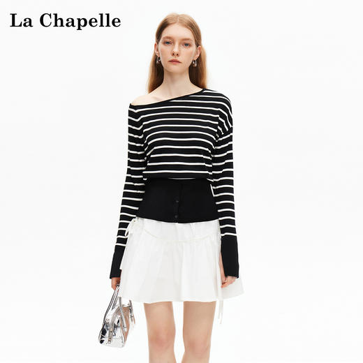 会员福利【性感斜肩+绵羊毛】拉夏贝尔/La Chapelle不规则设计感斜肩开衩气质长袖针织衫超高性价比 商品图1