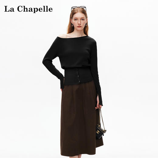 会员福利【性感斜肩+绵羊毛】拉夏贝尔/La Chapelle不规则设计感斜肩开衩气质长袖针织衫超高性价比 商品图3