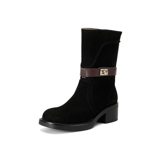 OLD 8622法式皮带扣粗跟短靴复古绒面一脚蹬马丁靴大码显瘦骑士靴 商品图3