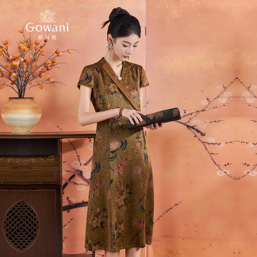【東兰梨花图】【香云纱】乔万尼中式大气端庄收腰真丝连衣裙ED2E540 商品图1