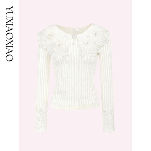 余潇潇【浮雕花境】肌理感高弹力重工手工镂空绣花花边领打底上衣 商品图4