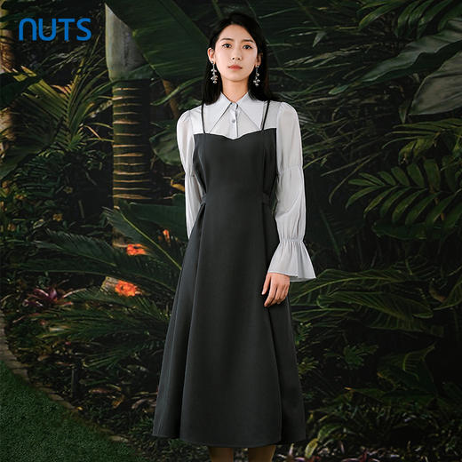 NUTS春秋季新款气质拼接高腰通勤A字中长款连衣裙女412101126 商品图0