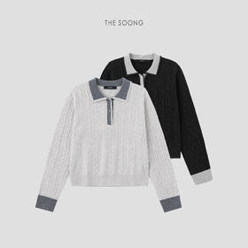THESOONG"惬意松弛"纯羊毛绞花针织细腻糯感撞色翻领毛衣HWMY7201