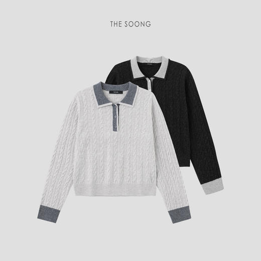 THESOONG"惬意松弛"纯羊毛绞花针织细腻糯感撞色翻领毛衣HWMY7201 商品图0